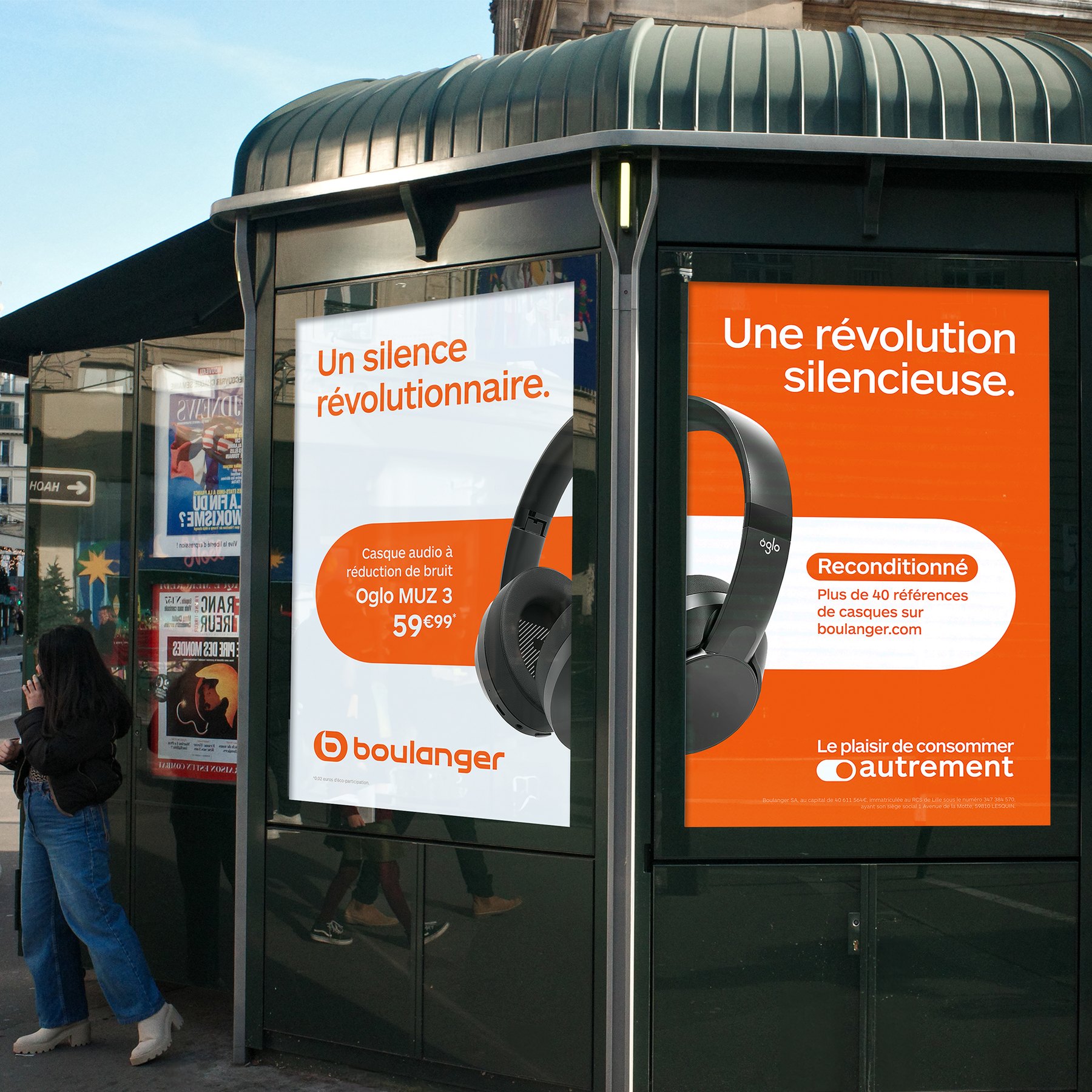 Abribus « Un silence révolutionnaire. Une révolution silencieuse. » : casque Oglo MUZ 3 et reconditionné
