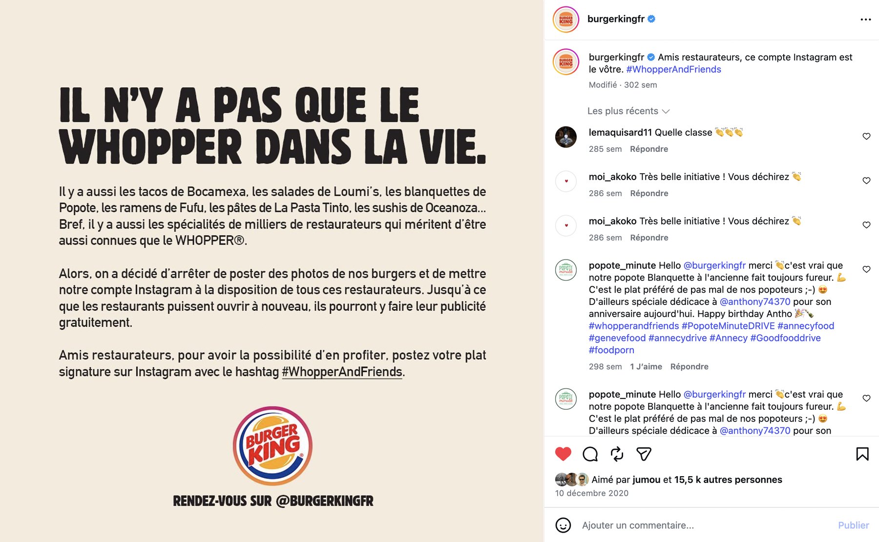 Publication Instagram de Burger King France : « Il n'y a pas que le Whopper dans la vie », qui met le compte à disposition des restaurateurs