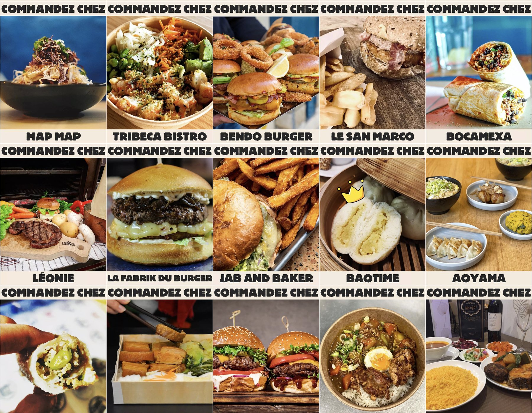 Grille de publications « Commandez chez » présentant les plats de restaurants indépendants