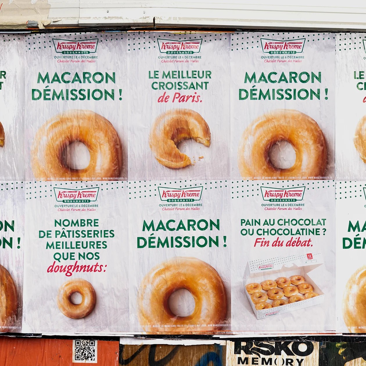 Planche d'affiches Krispy Kreme : Macaron démission, Le meilleur croissant de Paris, Pain au chocolat ou chocolatine