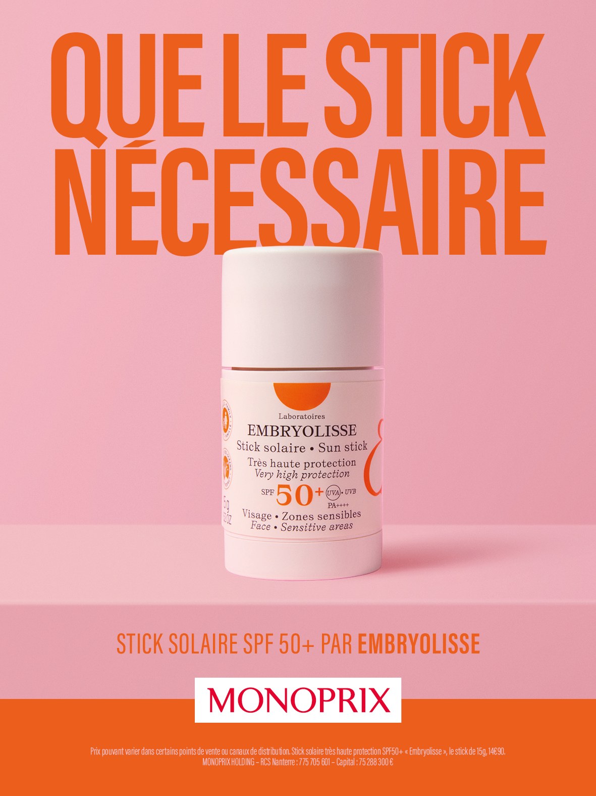 Affiche « Que le stick nécessaire » : stick solaire SPF 50+ par Embryolisse
