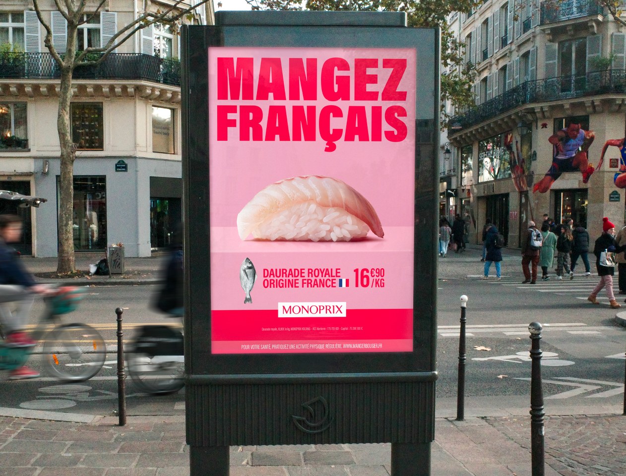 Abribus « Mangez Français » : un nigiri de daurade royale origine France, 16,90 € le kilo