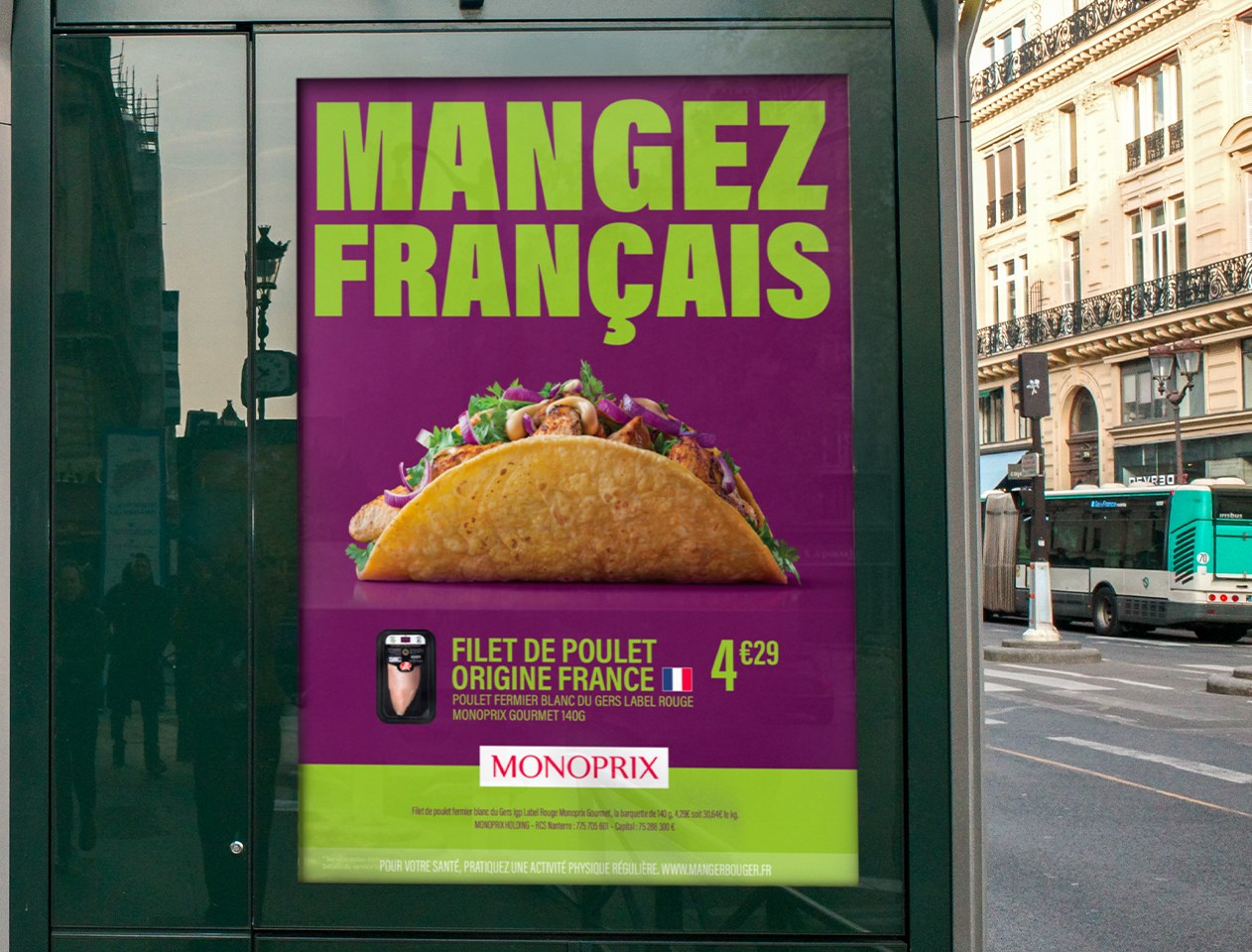 Abribus « Mangez Français » : un taco au filet de poulet origine France, 4,29 €