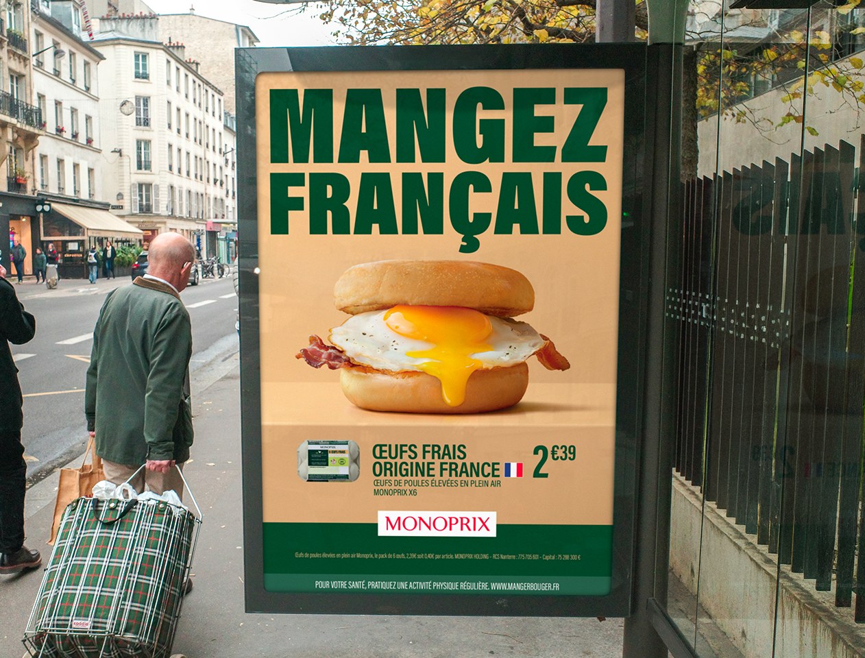 Abribus « Mangez Français » : un muffin à l'œuf et au bacon, œufs frais origine France, 2,39 €